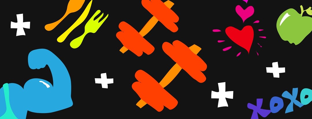 Neon graphic of weights, utensils, hearts, an apple, xoxo, and person flexing their muscles