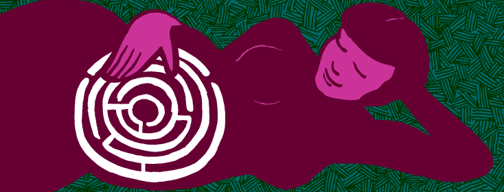 Pregnant woman lying down, maze image over her belly