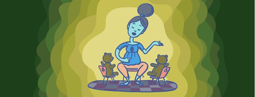 a woman talking to two teddy bears in tiny chairs and pointing to her belly