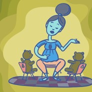 a woman talking to two teddy bears in tiny chairs and pointing to her belly