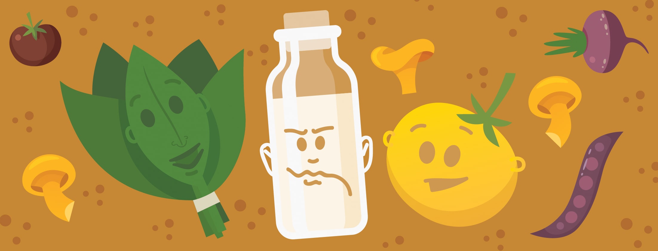 A surly jug of milk and a happy tomato