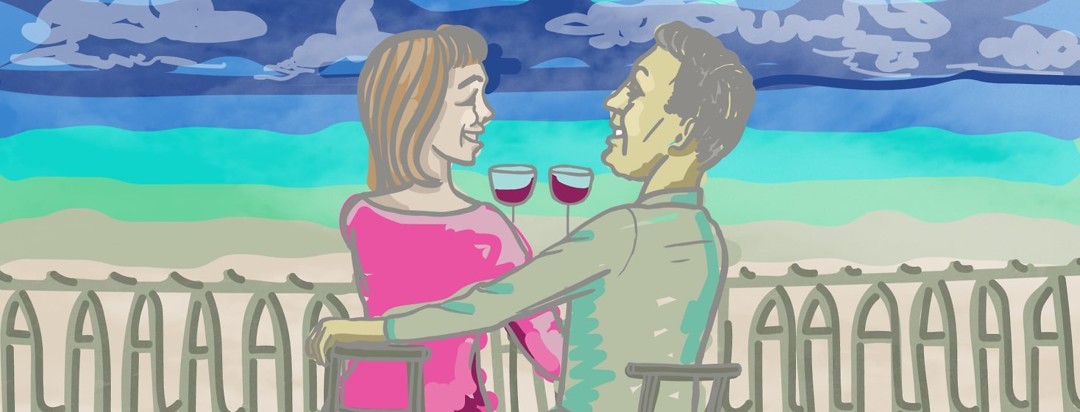 A couple sits at a beach bar and drinks wine