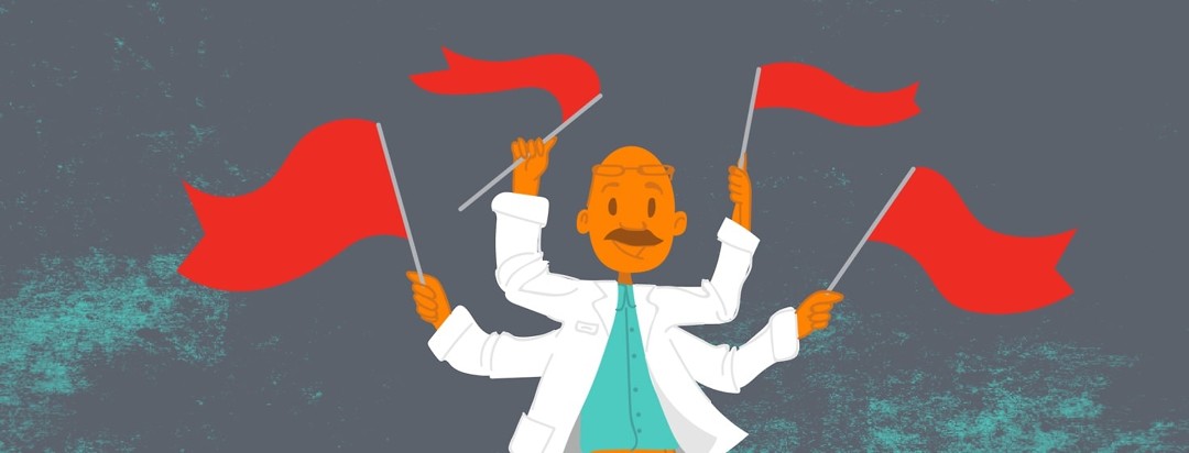 A doctor with multiple arms waves red flags in each hand