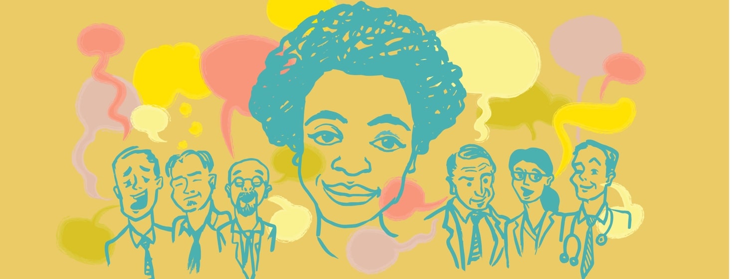 a woman looks on skeptically while six doctors blab thoughtlessly