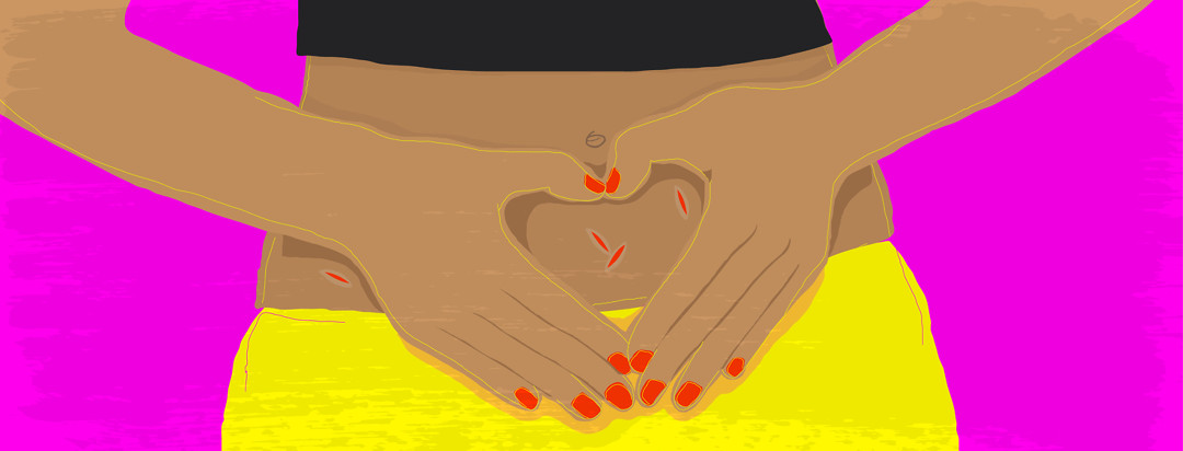 A stomach with hands forming a heart are resting on top, outlining where the endo scars are located.