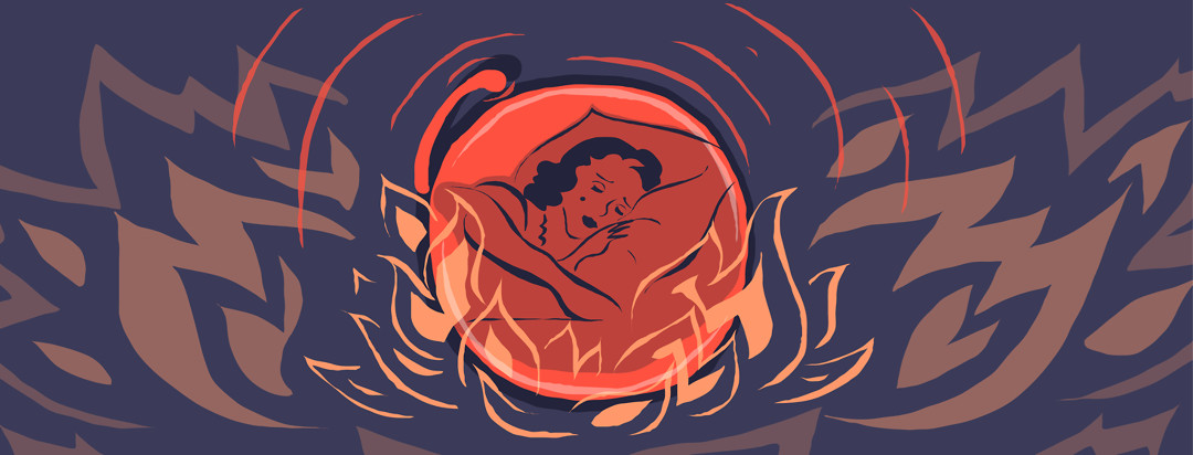 A woman's sleeping reflection is shown in a sounding fire alarm with flames engulfing the frame.