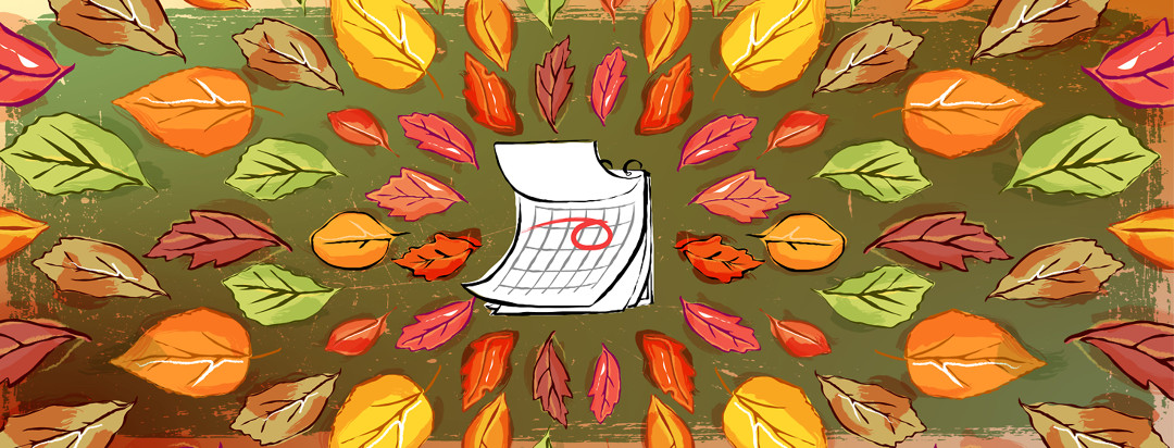 A calendar page with a large red circle is surrounded by a wreath of fall leaves.