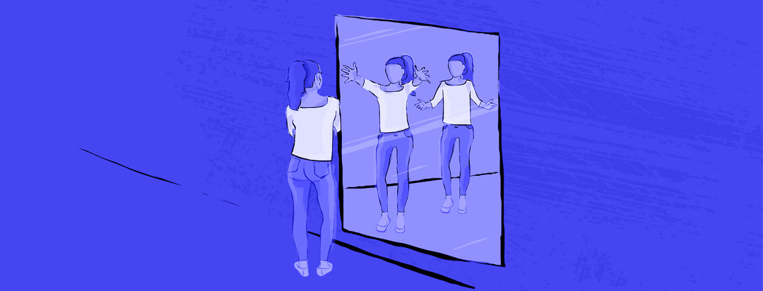 A woman looks into the mirror with crossed arms, as numerous iterations in her reflection reach out to her for acceptance.