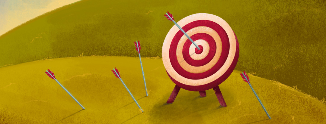 A bullseye target is in the middle of rolling hills, while arrows rain down on it, all missing but one.