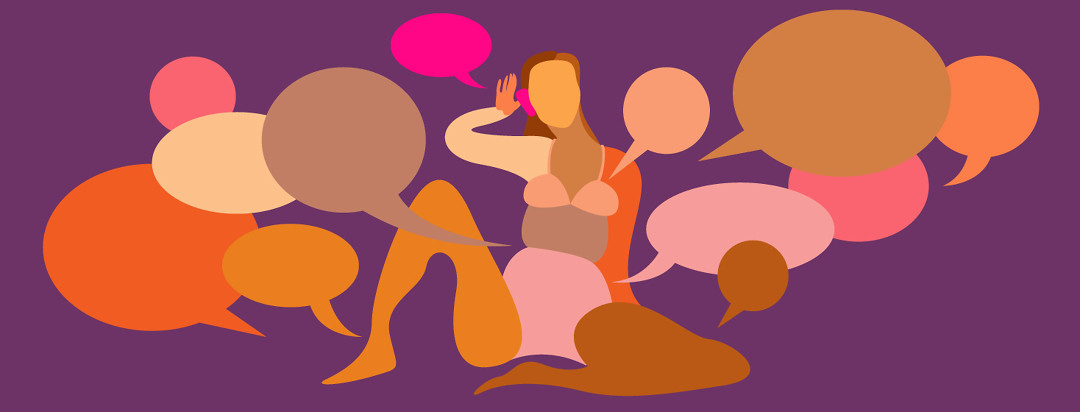 A woman sits in the middle of various thought bubbles springing from parts of her body with a hand to her ear.