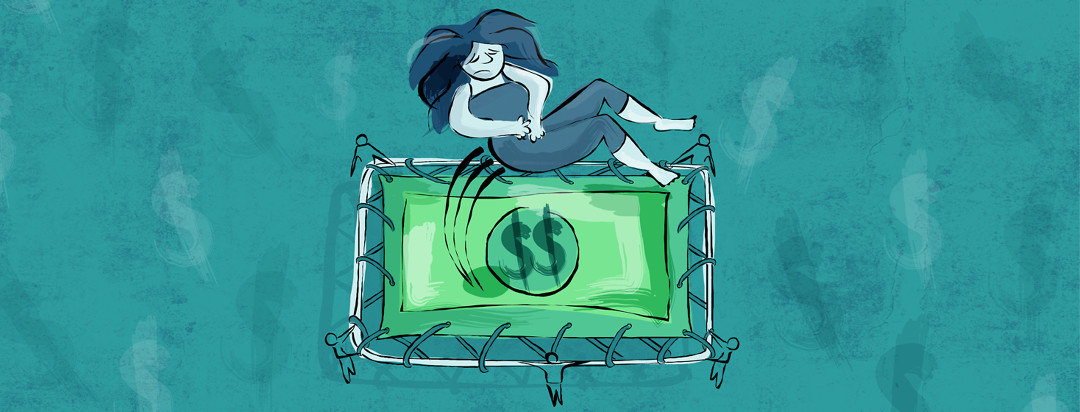 A woman grasps her abdomen while being bounced into the air by a giant dollar bill trampoline.