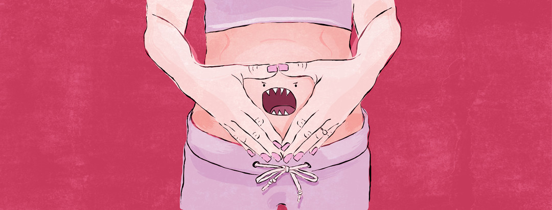 Woman clutches her distended belly as it bites and chomps at the surface.