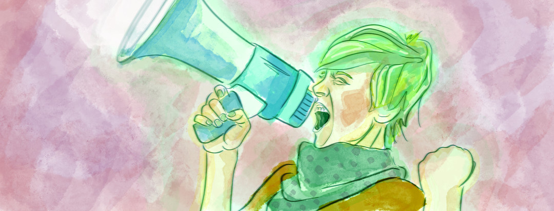 An alternative female yells into a bullhorn, making her voice heard