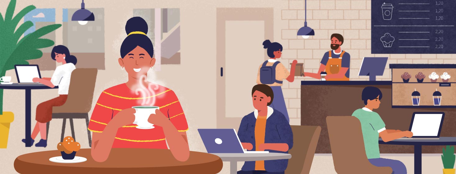 A happy woman sitting in coffee shop, people in the background subtly looking back at her