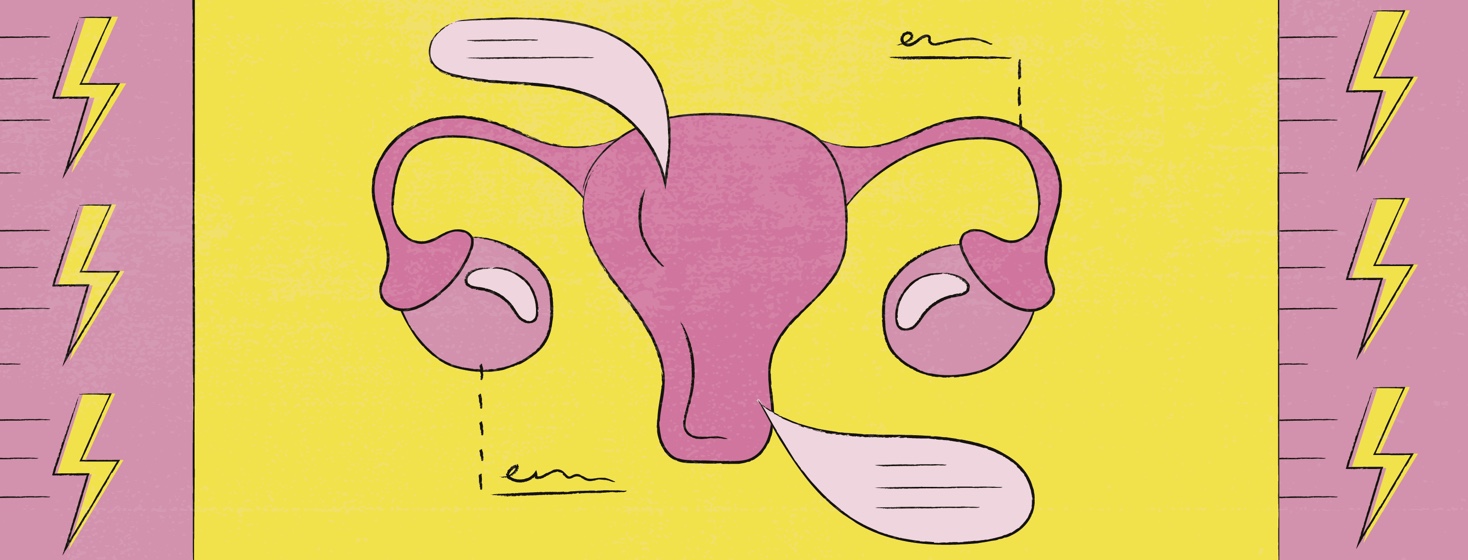 a diagram of a uterus with labels and speech bubbles around it and bordered by rulers measuring pain