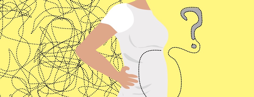 Silhouette of a woman from neck to hips, torso, with chaotic overlapping confusing lines and a question mark encircling her abdomen showing bloating