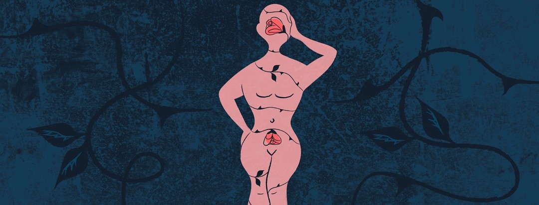 a woman's curvy silhouette wrapped with thorny vines and a rose on her uterus and her head