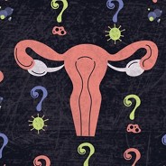 A uterus surrounded by question marks with allergens forming the dots.