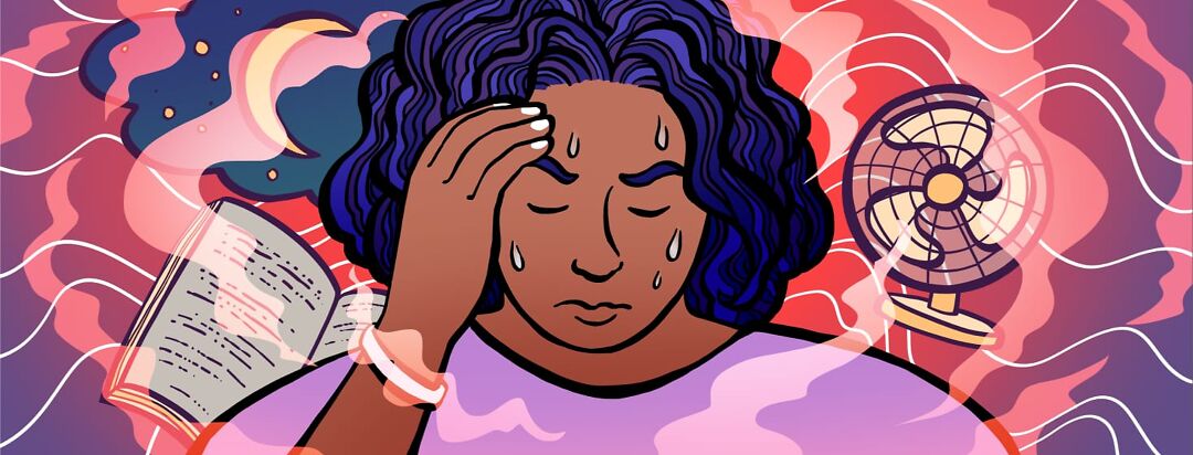 A woman has a distressed expression as she's surrounded by heat waves and symptoms of her hot flashes