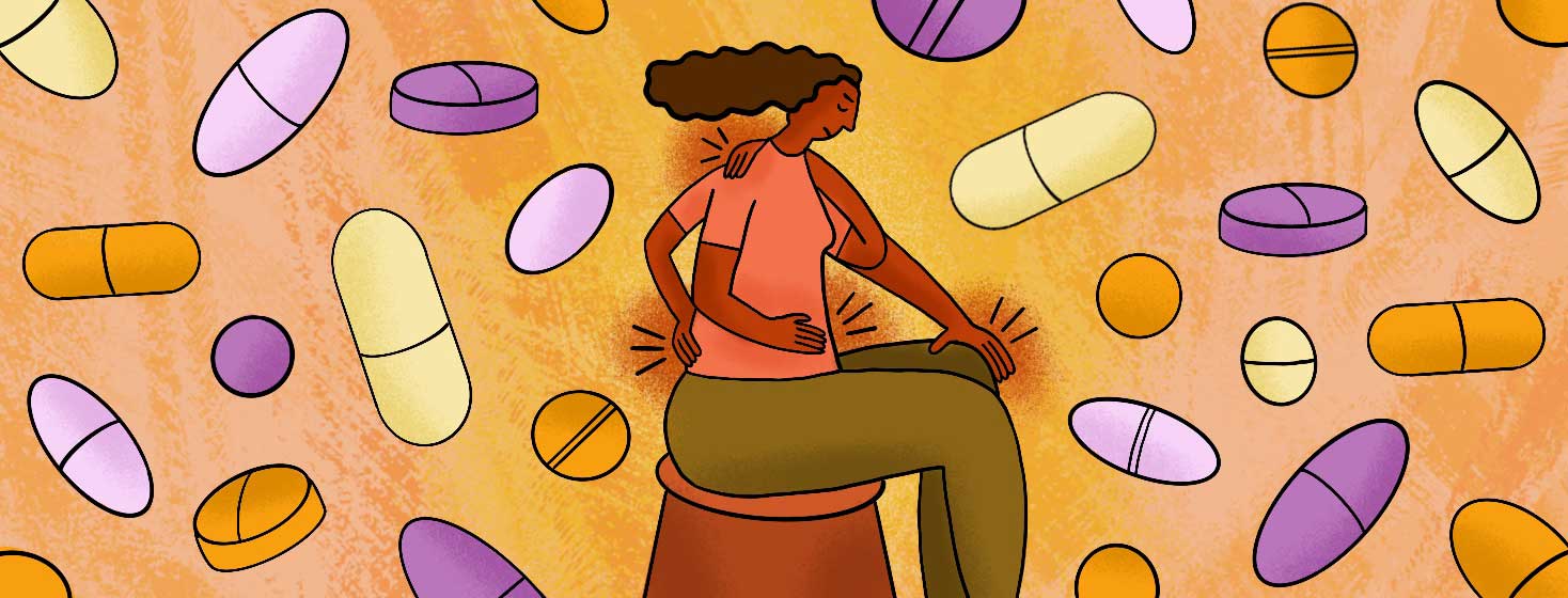 A woman with four arms uses each hand to clench an aching body part: lower back, stomach, knee joint and back of her neck. She is surrounded by assorted pills.