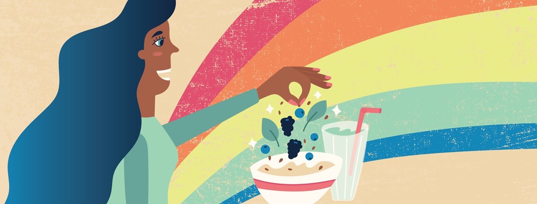 a woman sprinkling berries and seeds on a bowl of food and a smoothie with a rainbow in the background