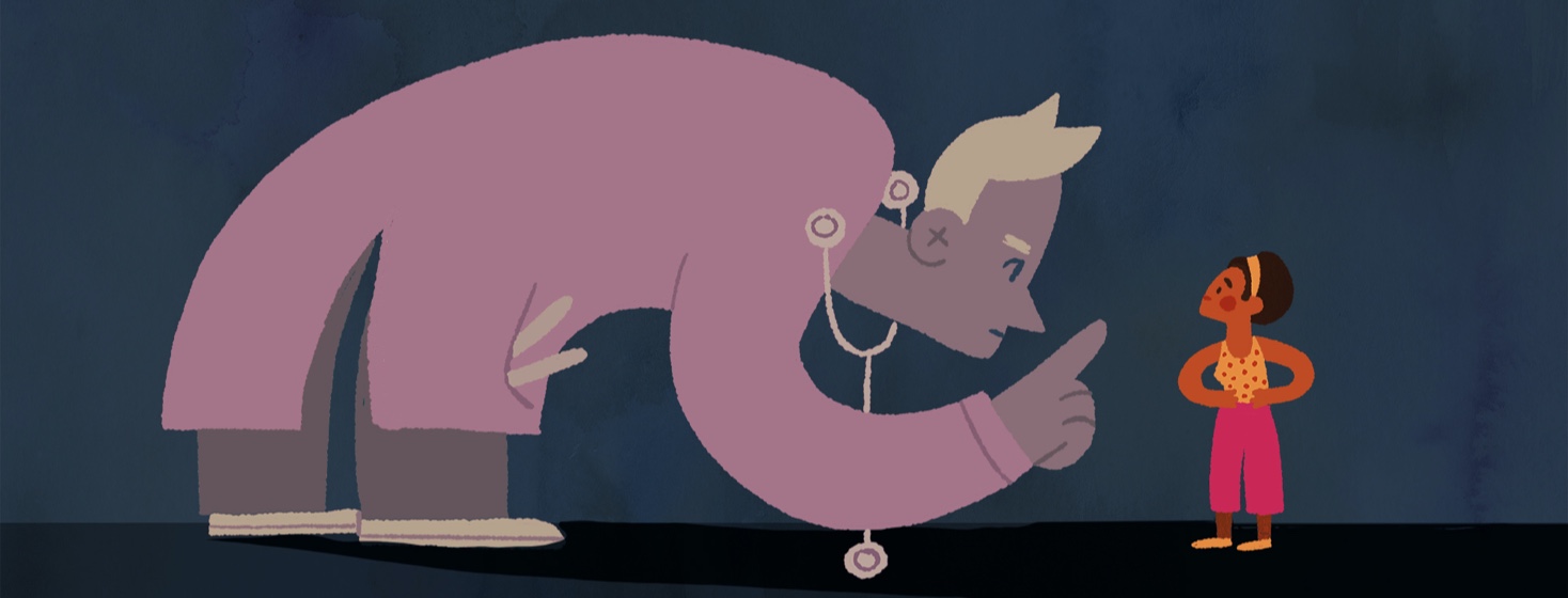 Large doctor looms over small black woman