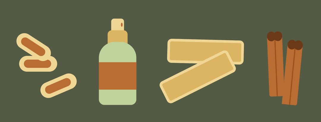 A series of natural remedies including ginger pills, spray and cinnamon sticks