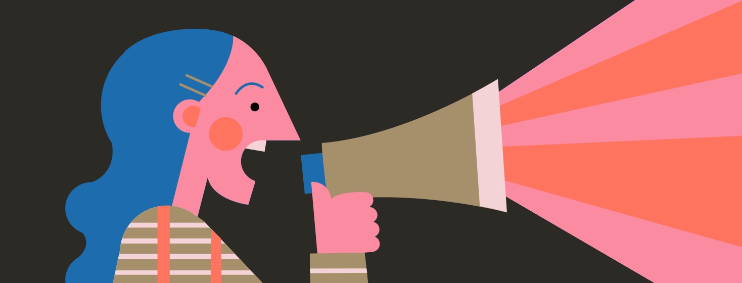 Adult woman with megaphone shouts out information