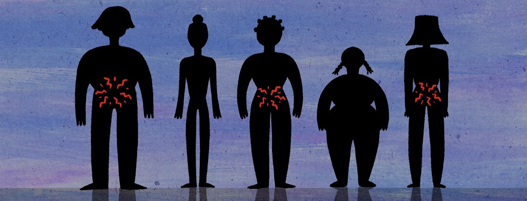 A line of people stand in silhouette, half of them have signs of cramps and pain in their abdomen.