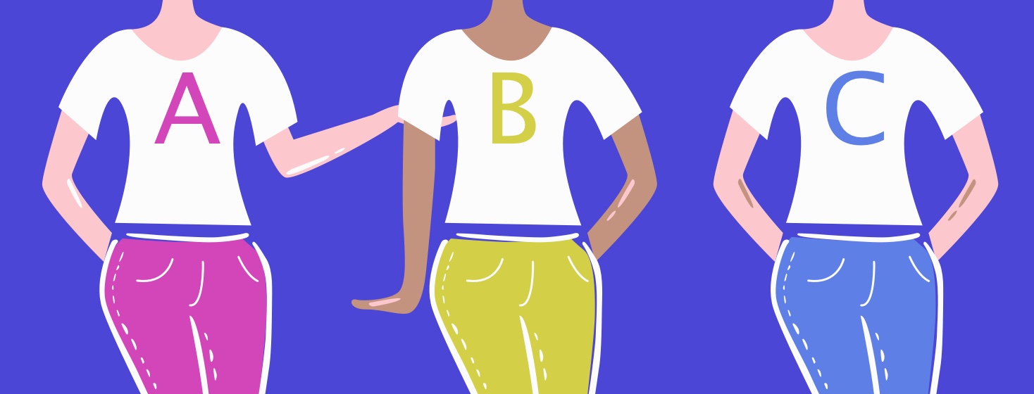 Three women in a line with the letters A B and C on their shirts