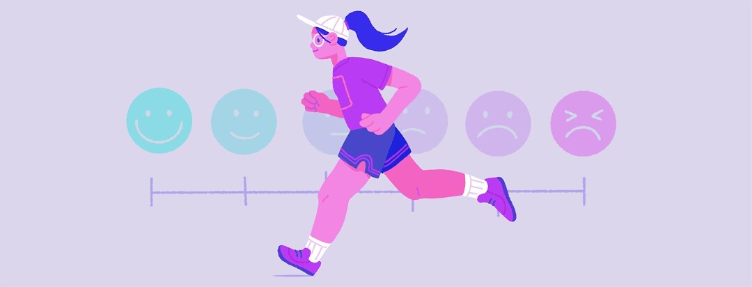 A woman jogging in front of a pain scale
