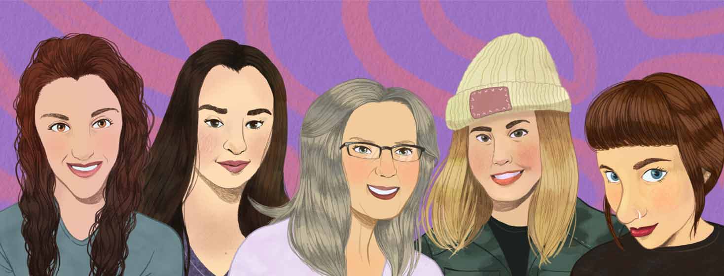 Group of five women advocates, Endometriosis.net Advocate Portraits, Kimberli, Amanda, Liza, Becca, and Shireen