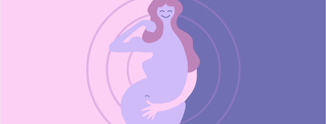 A woman with one arm making a fist, the other holding a pregnant stomach