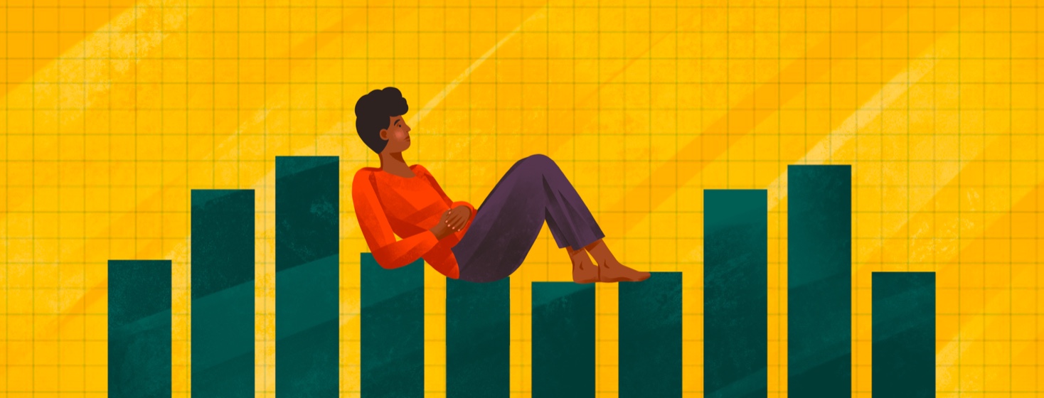 A woman lounging on a row of data bar graphs