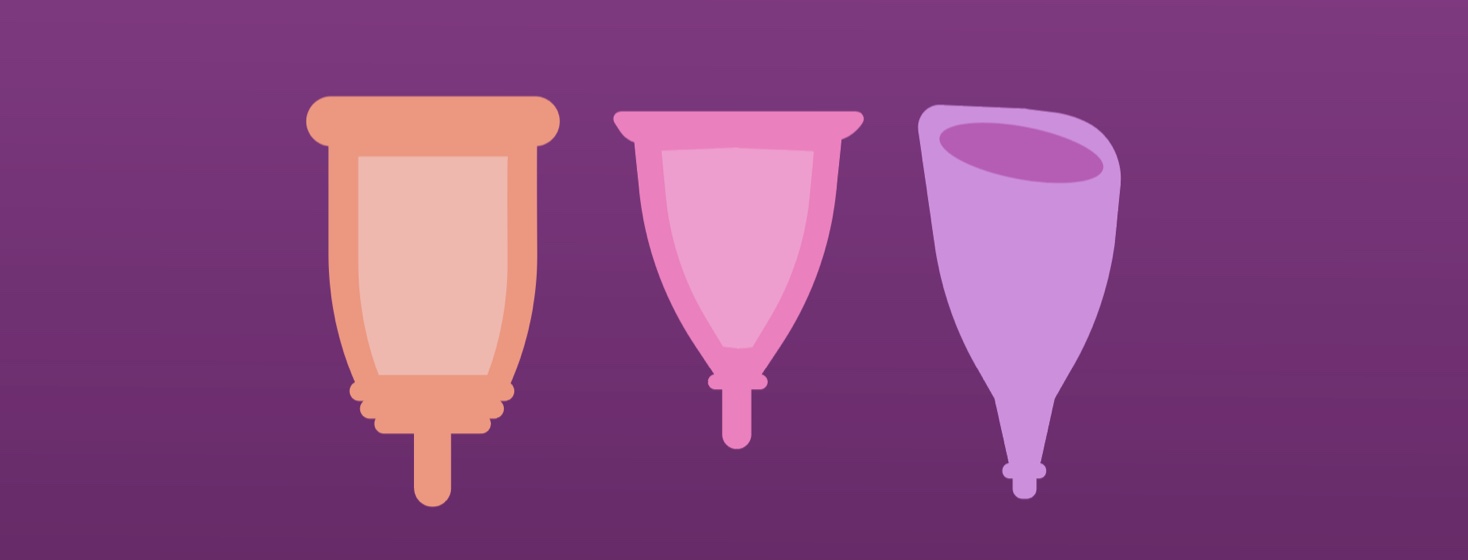 Three menstrual cups of various shapes