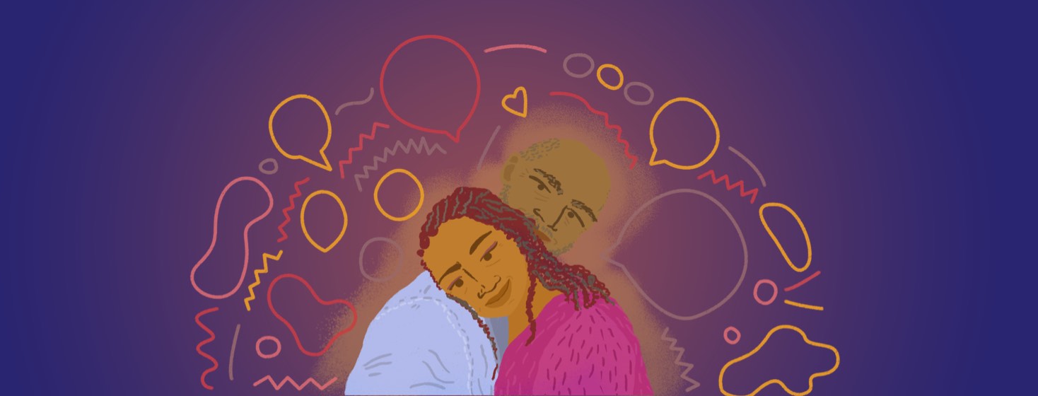 A woman leaning on her partner's shoulder as he speaks close to her ear, their hug surrounded by speech bubbles and abstract shapes.