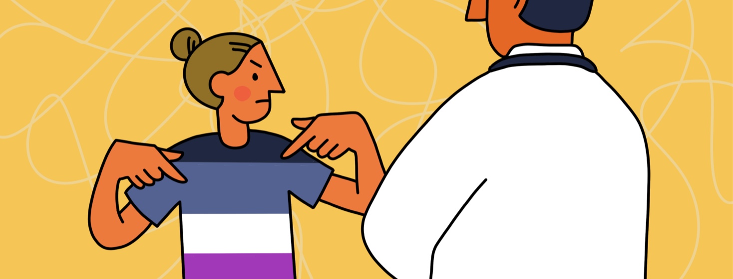 A woman talks to a doctor while pointing angrily at her shirt with the asexuality flag colors