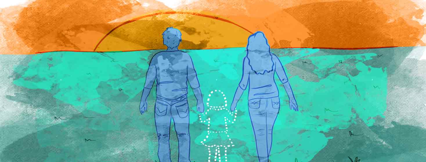 A man and woman hold hands with a missing child, who is marked by a dotted line, as they walk towards a setting sun. Failed pregnancy, infertility