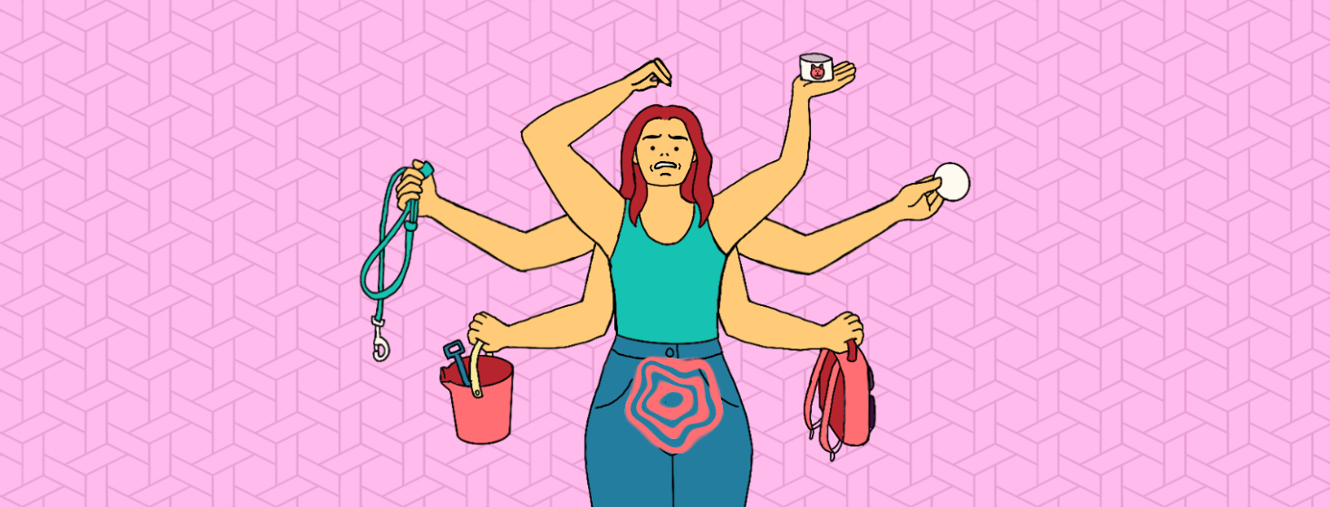 A woman with many arms managing different tasks alone