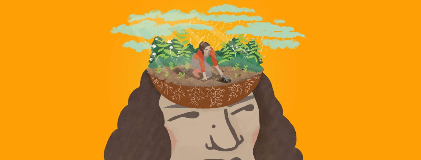 Womans head with the top part exposed you can see a woman gardening symbolizing growth.