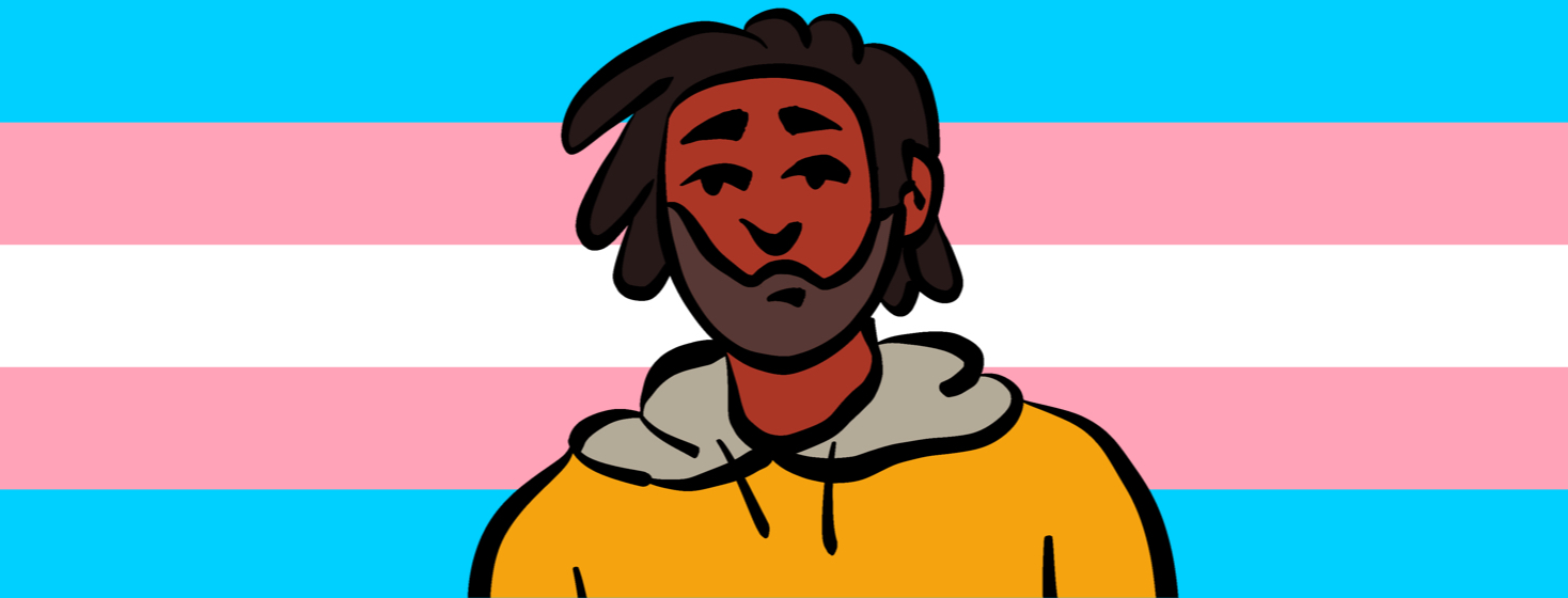 A man standing in front of the trans flag
