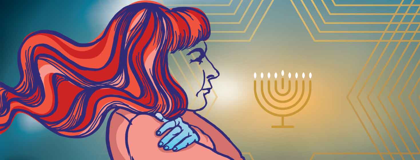 a woman holding herself as if in pain, staring resolutely at a hannukah candle