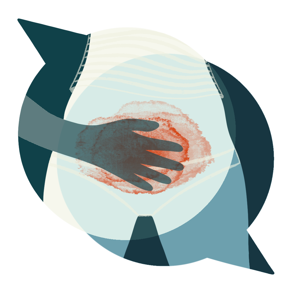 a woman's lower abdomen inside 2 speech bubbles